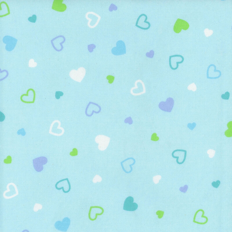 Aqua fabric tossed with colored hearts
