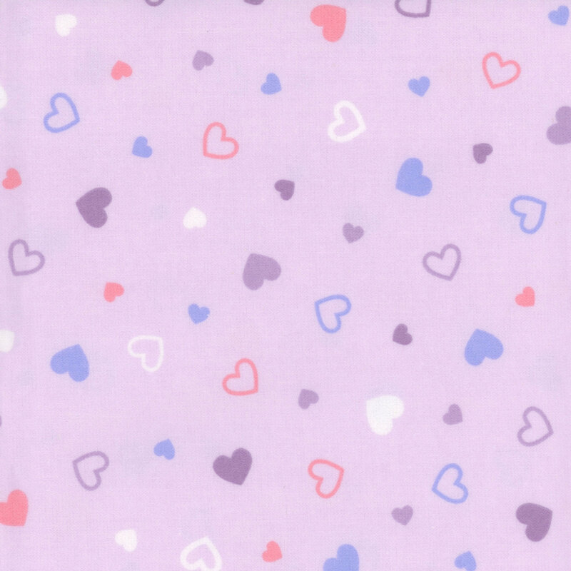 Pastel purple fabric tossed with colored hearts