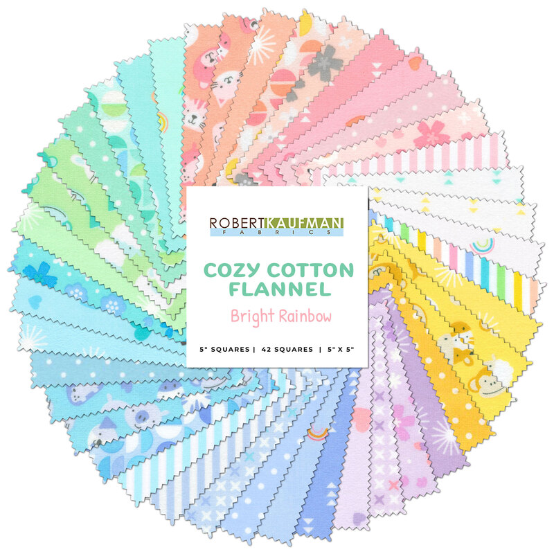 Collage of fabrics in the Cozy Cotton Flannel - Bright Rainbow Charm Pack featuring bright colors