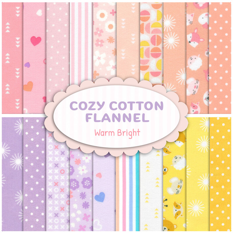 Collage of fabrics in the Cozy Cotton Flannel - Warm Bright FQ Set featuring shades of pink, peach, purple, and yellow