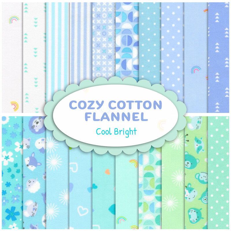 Collage of fabrics in the Cozy Cotton Flannel - Cool Bright FQ Set featuring shades of blue, aqua and turquoise