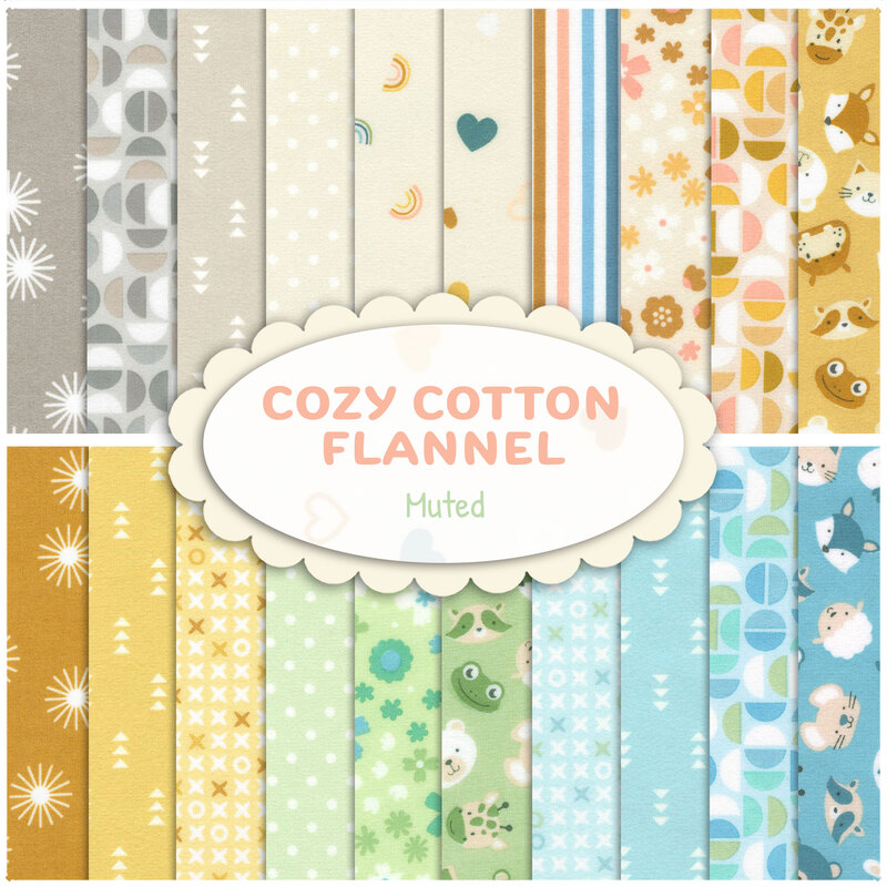 Collage of fabrics in the Cozy Cotton Flannel - Muted FQ Set featuring shades of cream, yellow, grey, green, and aqua