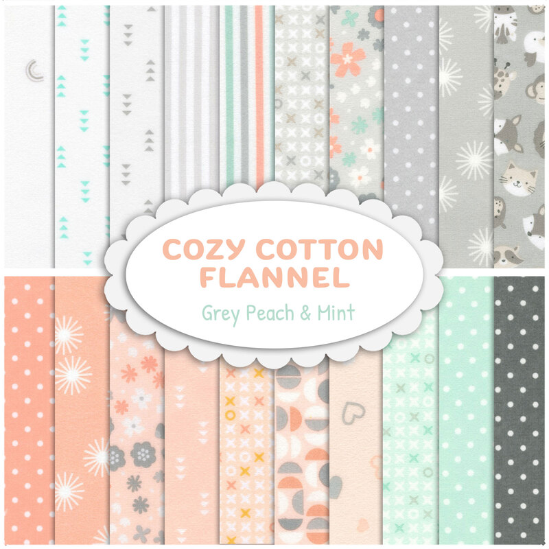 Collage of fabrics in the Cozy Cotton Flannel - Grey Peach & Mint FQ Set featuring shades of grey, peach, and mint