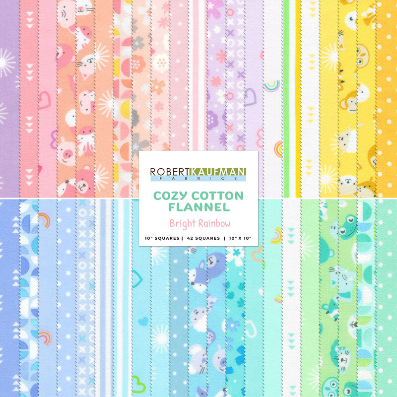 Collage of fabrics in the Cozy Cotton Flannel - Bright Rainbow Layer Cake featuring bright colors