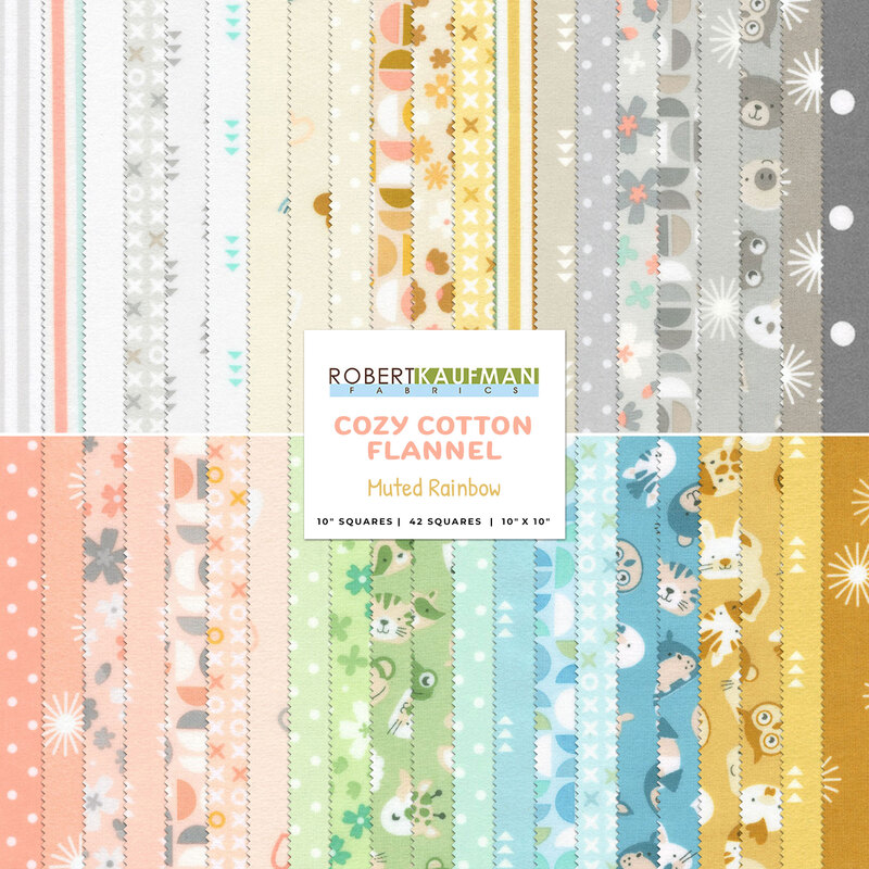 Collage of fabrics in the Cozy Cotton Flannel - Muted Rainbow Charm Pack featuring muted colors