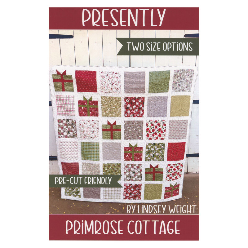 Front cover of the pattern showing the completed Presently quilt in red, white, and green, staged outdoors in front of white paneled doors.