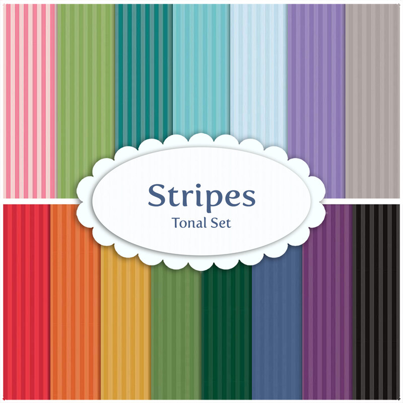 A collage of tonal striped fabrics in various colors with an oval 
