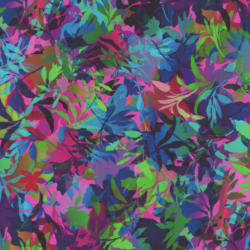 Multi colored fabric with various foliage, leaves, and vines throughout