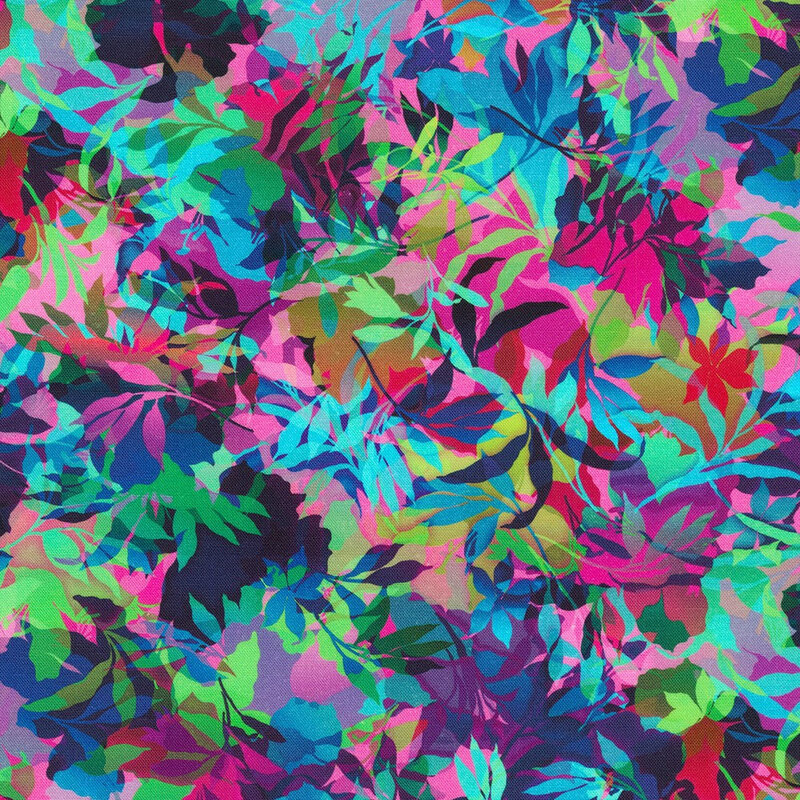 Multi colored fabric with various foliage, leaves, and vines throughout
