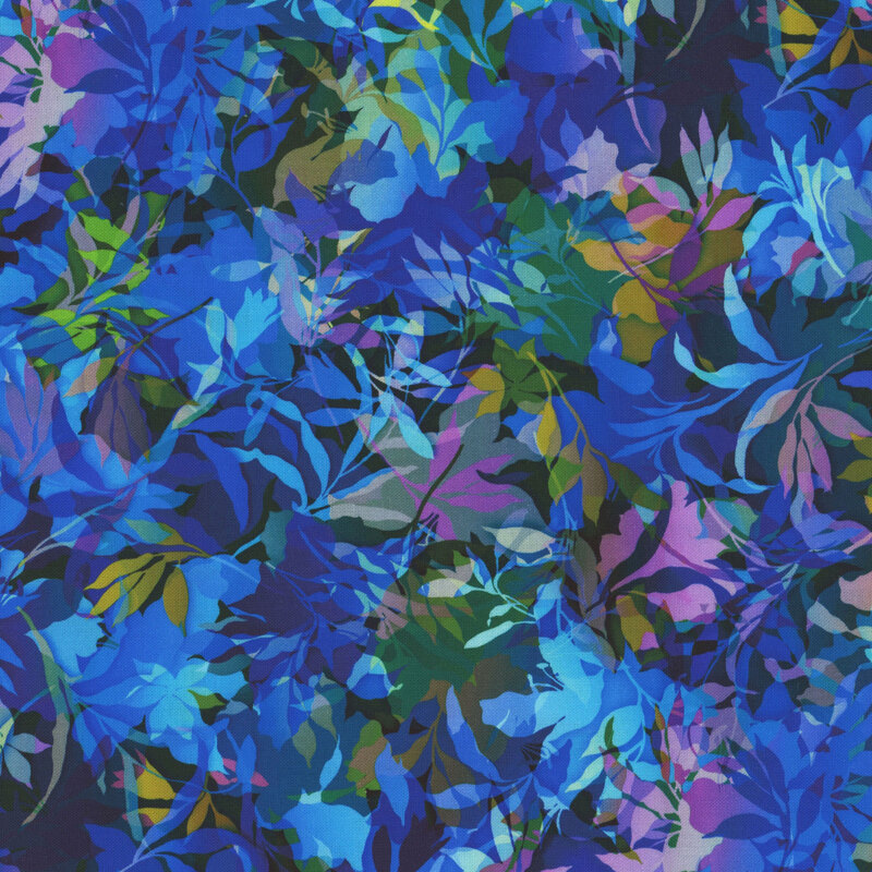 Blue fabric with various foliage, leaves, and vines throughout