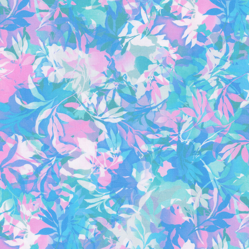 Aqua and pink fabric with various foliage, leaves, and vines throughout