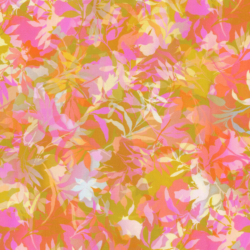 Pink and yellow fabric with various foliage, leaves, and vines throughout