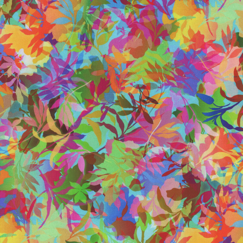 Multicolored fabric with various foliage, leaves, and vines throughout