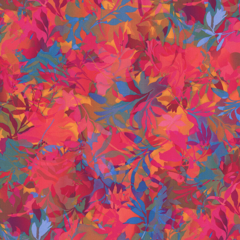 Bright pink and blue fabric with various foliage, leaves, and vines throughout