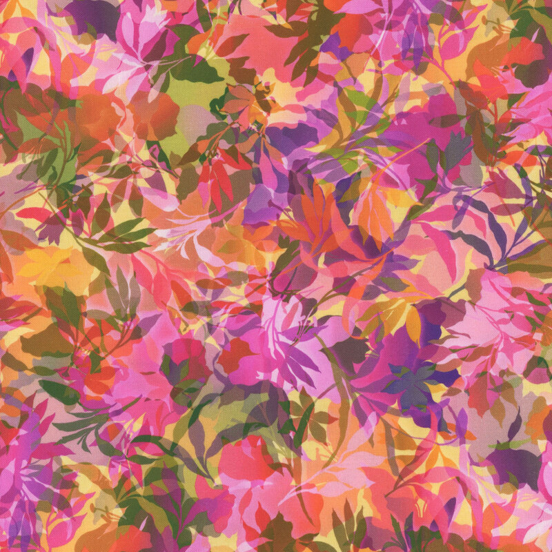 Multicolored fabric with various foliage, leaves, and vines throughout