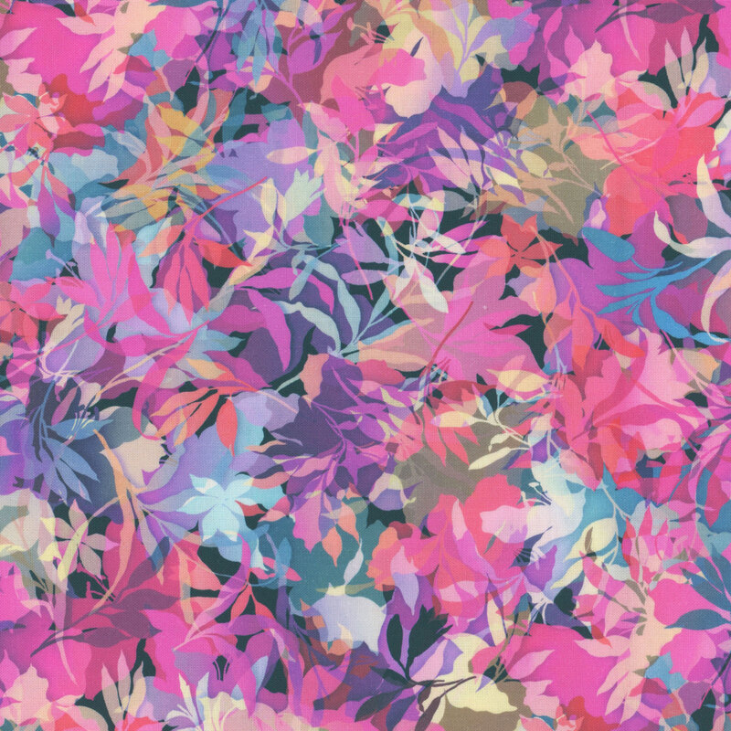 Pink, purple, and blue fabric with various foliage, leaves, and vines throughout