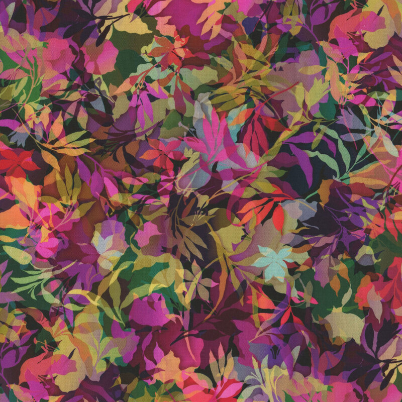 Multicolored fabric with various foliage, leaves, and vines throughout