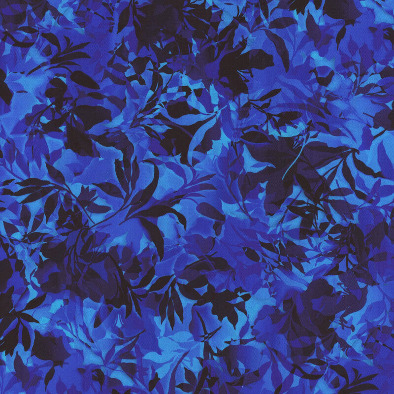 Dark blue fabric with various foliage, leaves, and vines throughout