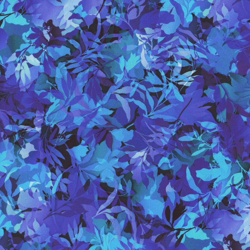 Aqua and blue fabric with various foliage, leaves, and vines throughout