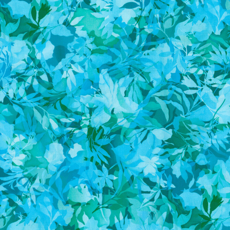 Aqua fabric with various foliage, leaves, and vines throughout