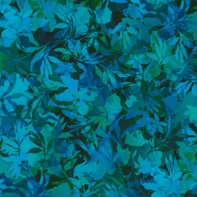 Teal, aqua and green fabric with various foliage, leaves, and vines throughout