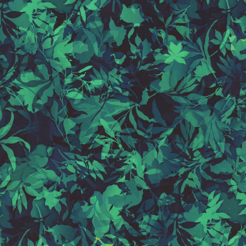 Mint green and dark blue fabric with various foliage, leaves, and vines throughout