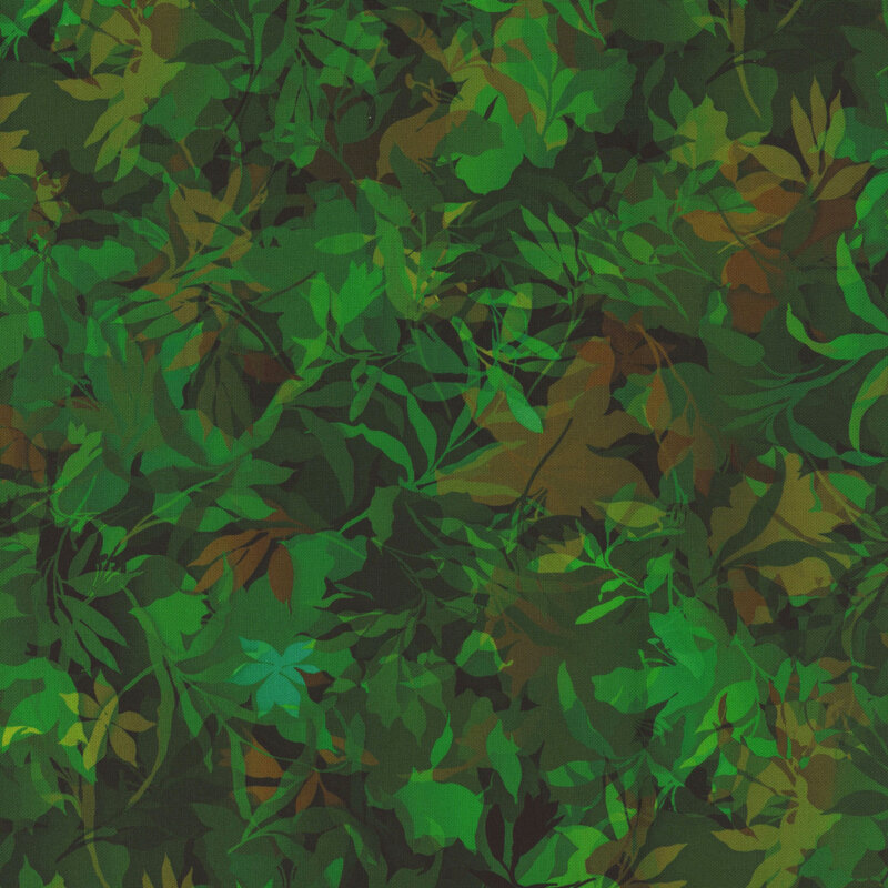 Forest green fabric with various foliage, leaves, and vines throughout