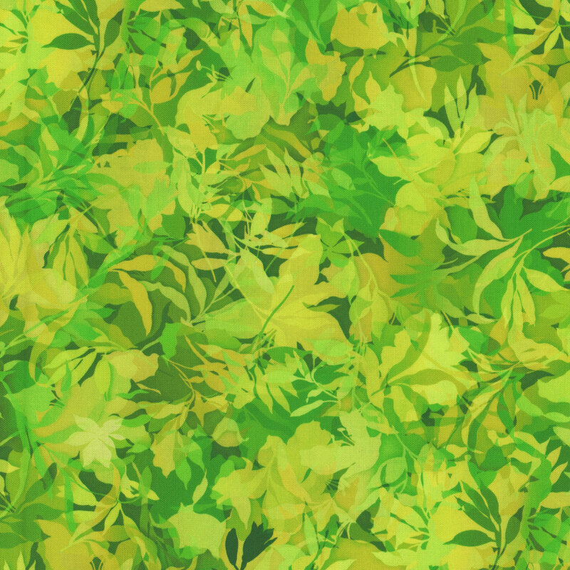 Lime green fabric with various foliage, leaves, and vines throughout