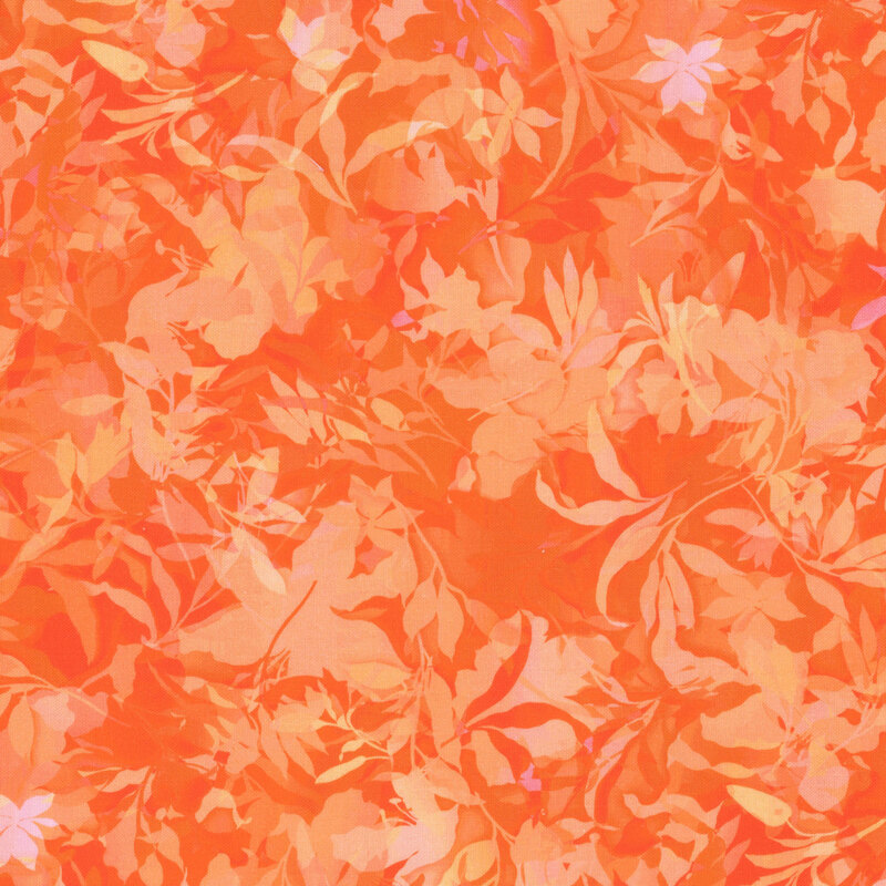 Orange fabric with various foliage, leaves, and vines throughout