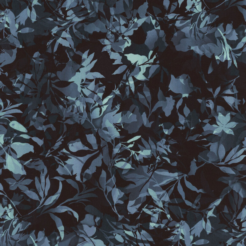 Steel blue and black fabric with various foliage, leaves, and vines throughout