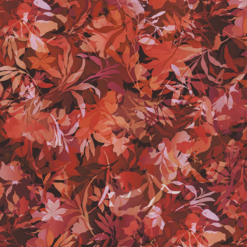 Red fabric with various foliage, leaves, and vines throughout