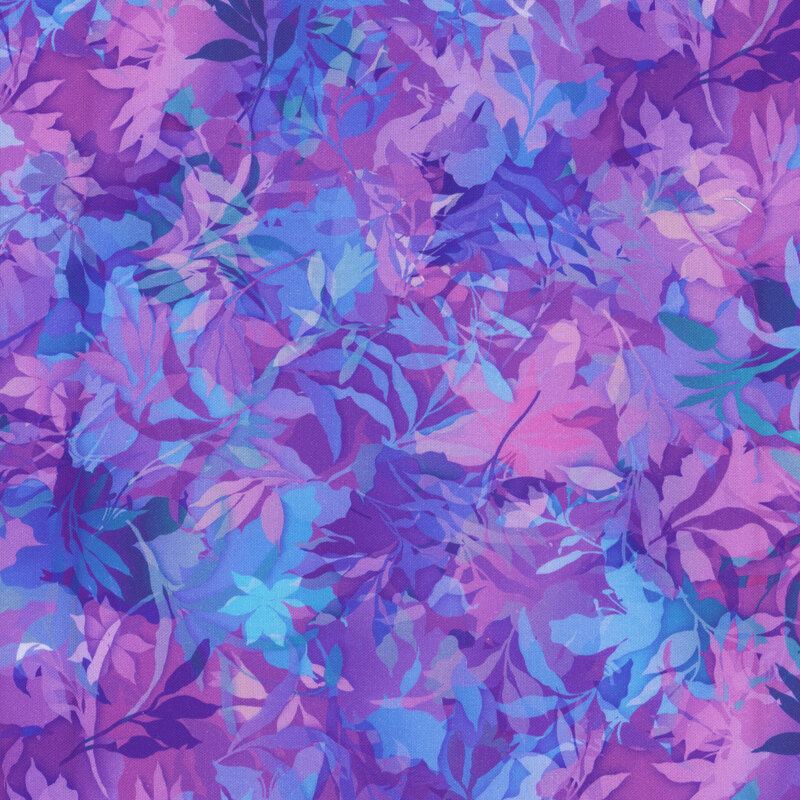 Aqua and purple fabric with various foliage, leaves, and vines throughout