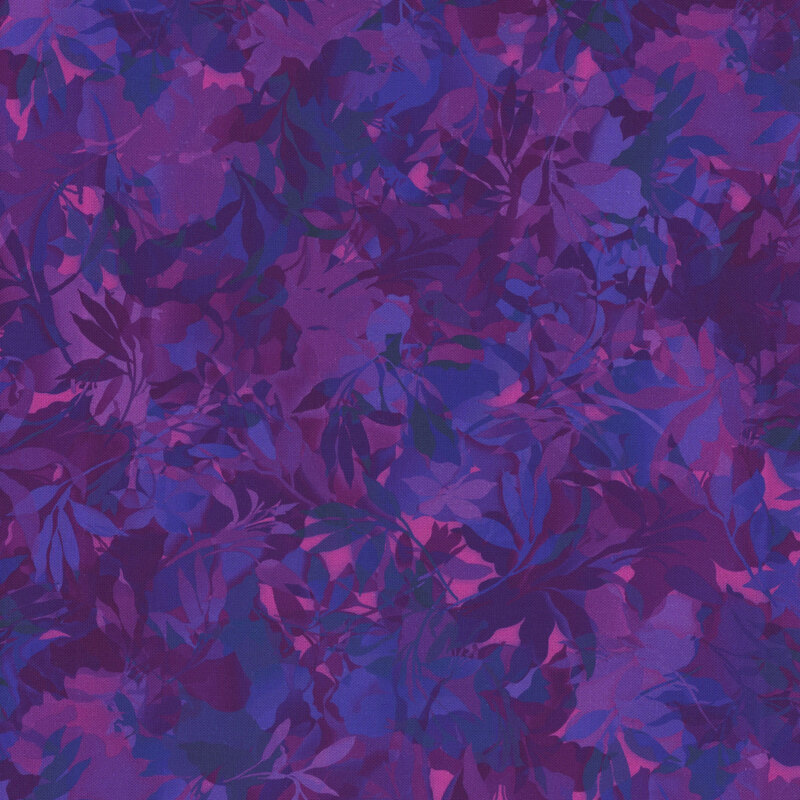 Purple fabric with various foliage, leaves, and vines throughout