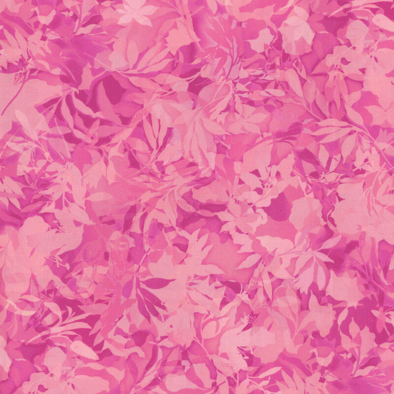 Pink fabric with various foliage, leaves, and vines throughout