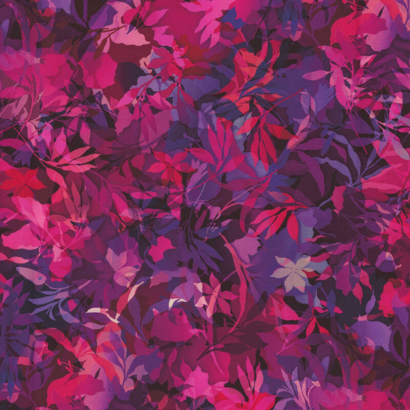 Bright pink and purple fabric with various foliage, leaves, and vines throughout