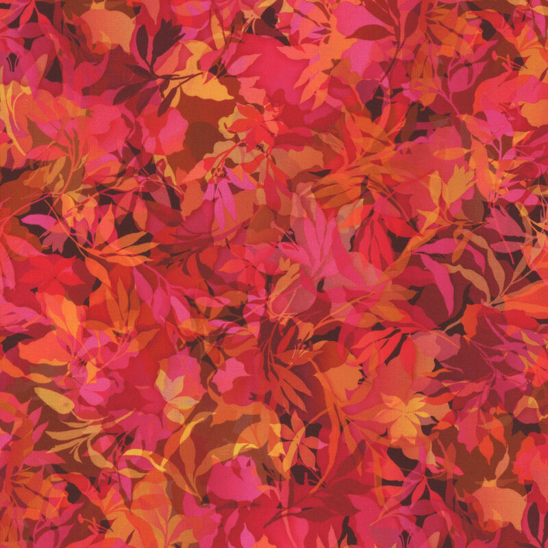 Pink and yellow fabric with various foliage, leaves, and vines throughout