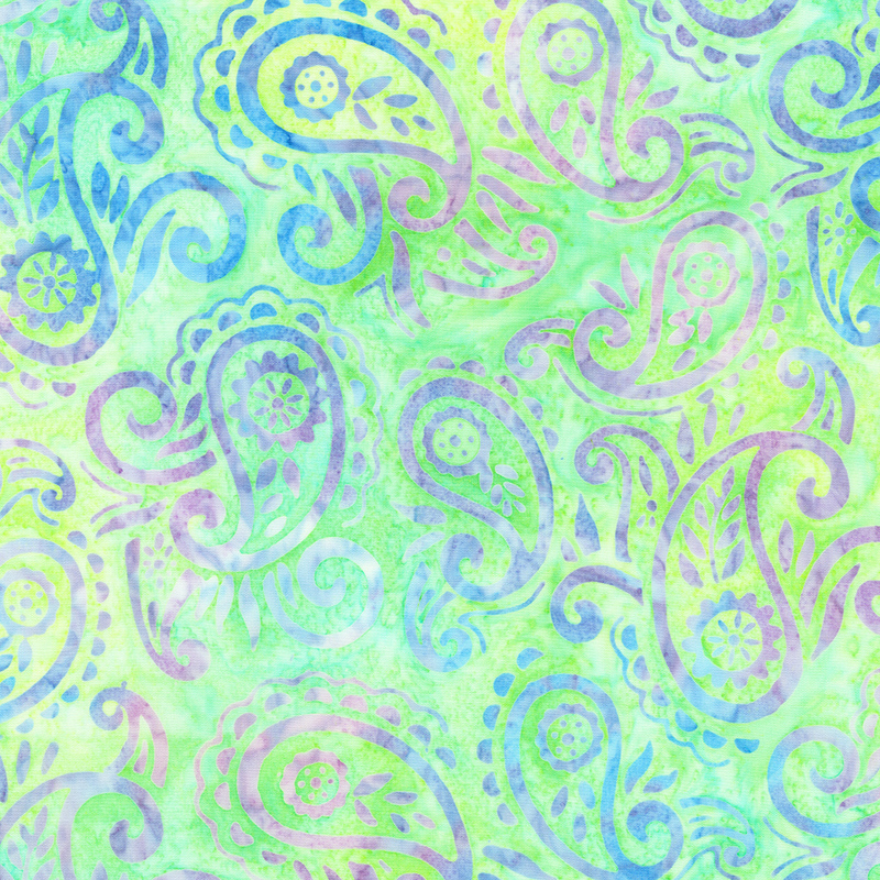 Bright green mottled batik fabric with multi-colored paisleys and scrolls