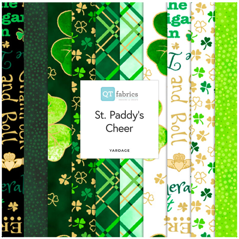 A collage of vertical strips of white and green fabrics with St. Patrick's Day motifs and a 