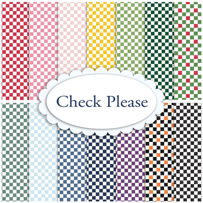 A striped collage of colorful checker print fabrics with a oval 