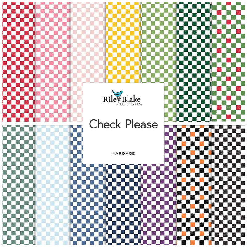 A striped collage of colorful checker print fabrics with a oval 