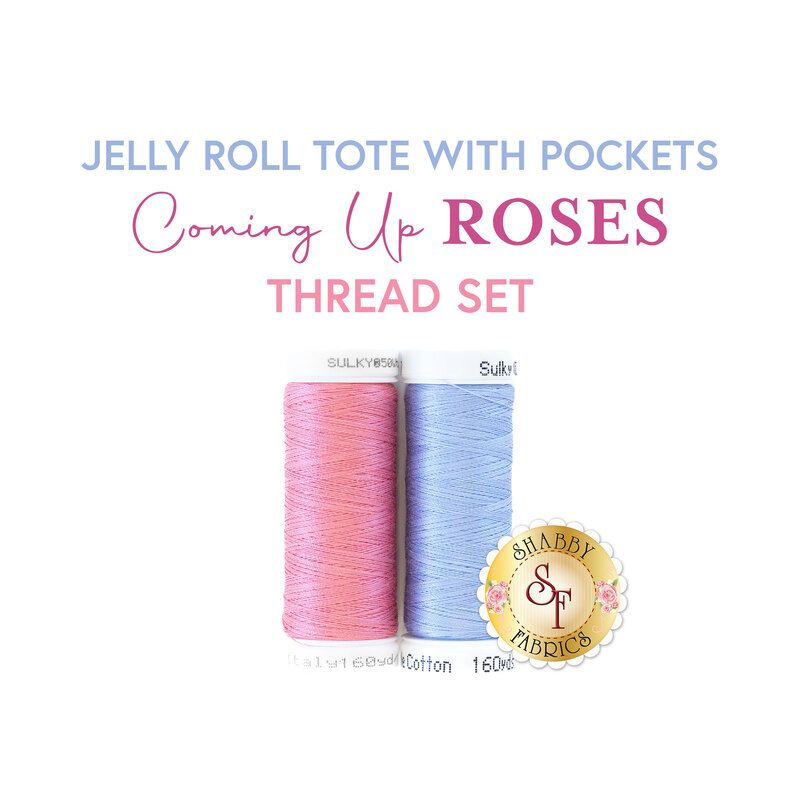 Two spools of thread in pink and powder blue on a white background below a text graphic that reads 