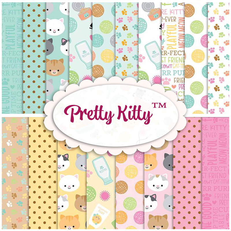 A collage of teal, white, yellow, and pink cat themed fabrics in a fun style with a oval 