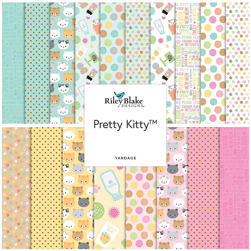 A collage of teal, white, yellow, and pink cat themed fabrics in a fun style with a oval 