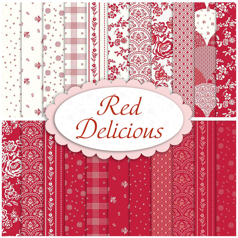 collage of the fabrics in Red Delicious in shades of red and white