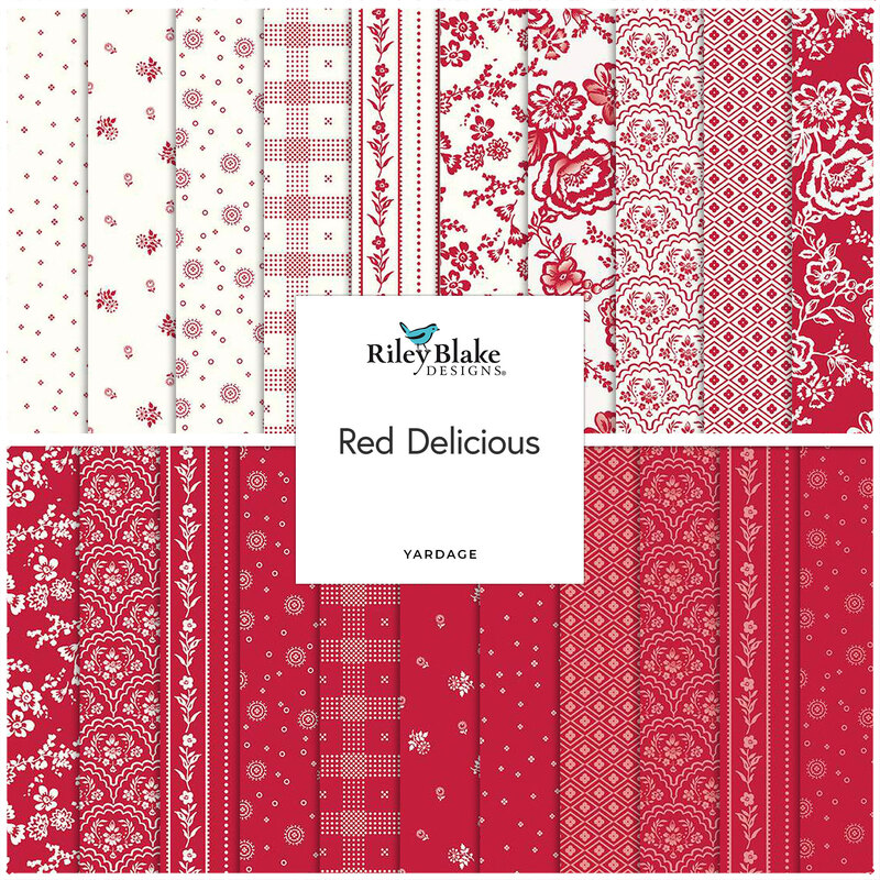 collage of the fabrics in Red Delicious in shades of red and white