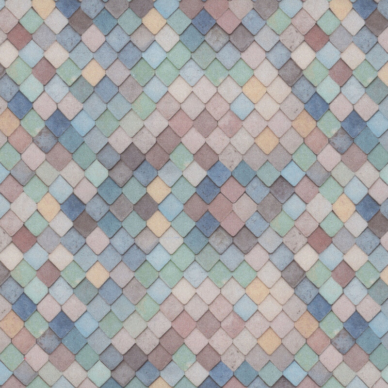Geometric pattern of tiled diamond shapes in shades of blue, aqua, and neutrals. 