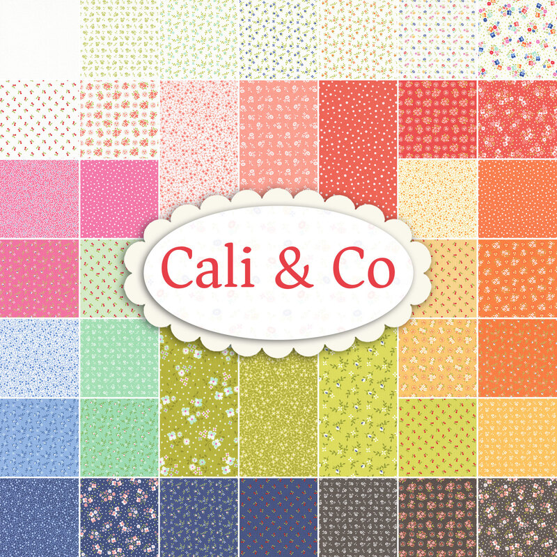 collage of the fabrics in Cali & Co featuring calico prints in shades of gray, blue, green, white, orange, yellow, aqua, pink, and red