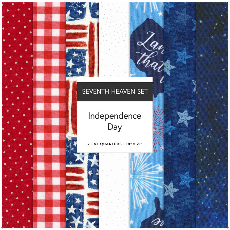 A collage of 7 red, white, and blue fabrics in the Independence Day seventh heaven set