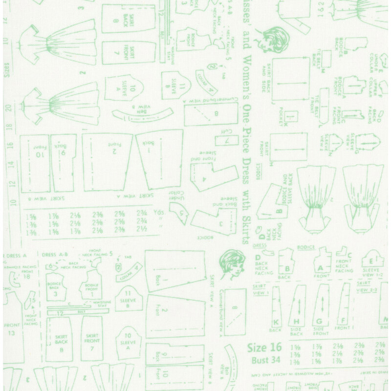 White fabric with rows of diagram artwork from vintage apparel patterns in light mint.