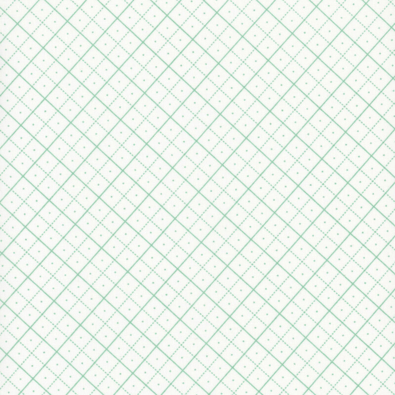 White fabric with a light teal trellis pattern of intersecting solid and dotted lines. Polka dots sit in the center of each box where the lines run parallel to each other.